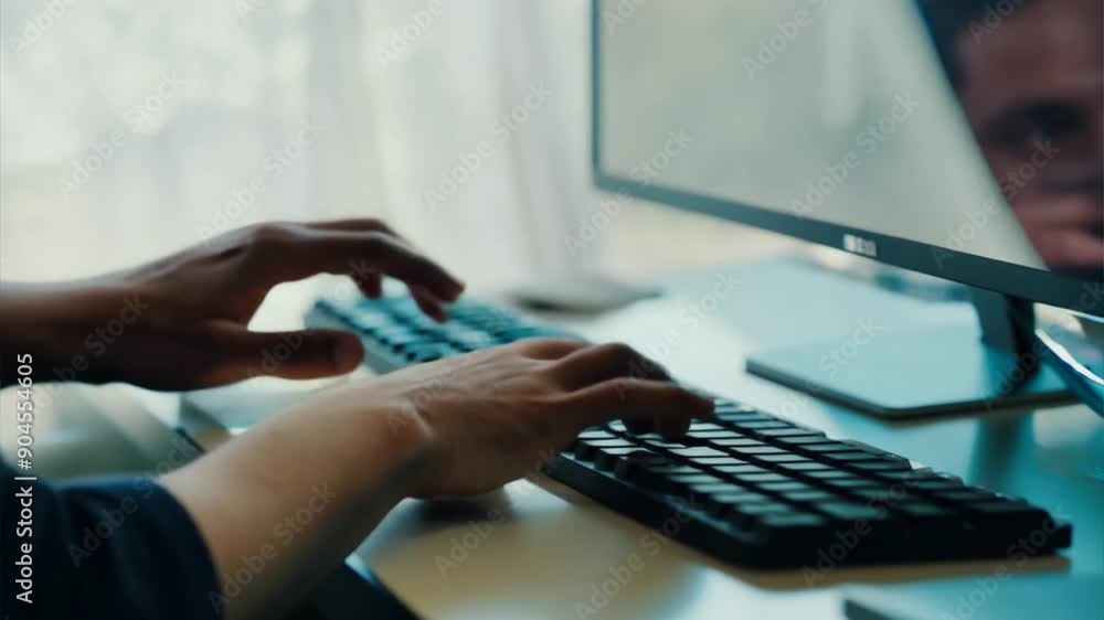 Poster close-up of hands man typing keyboard on computer. ai footage.