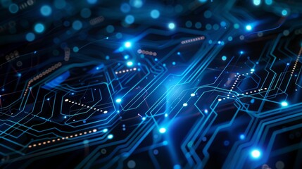 Abstract digital network circuit board background banner with glowing light and connecting data dots in blue and black colors. Big data technology concept,