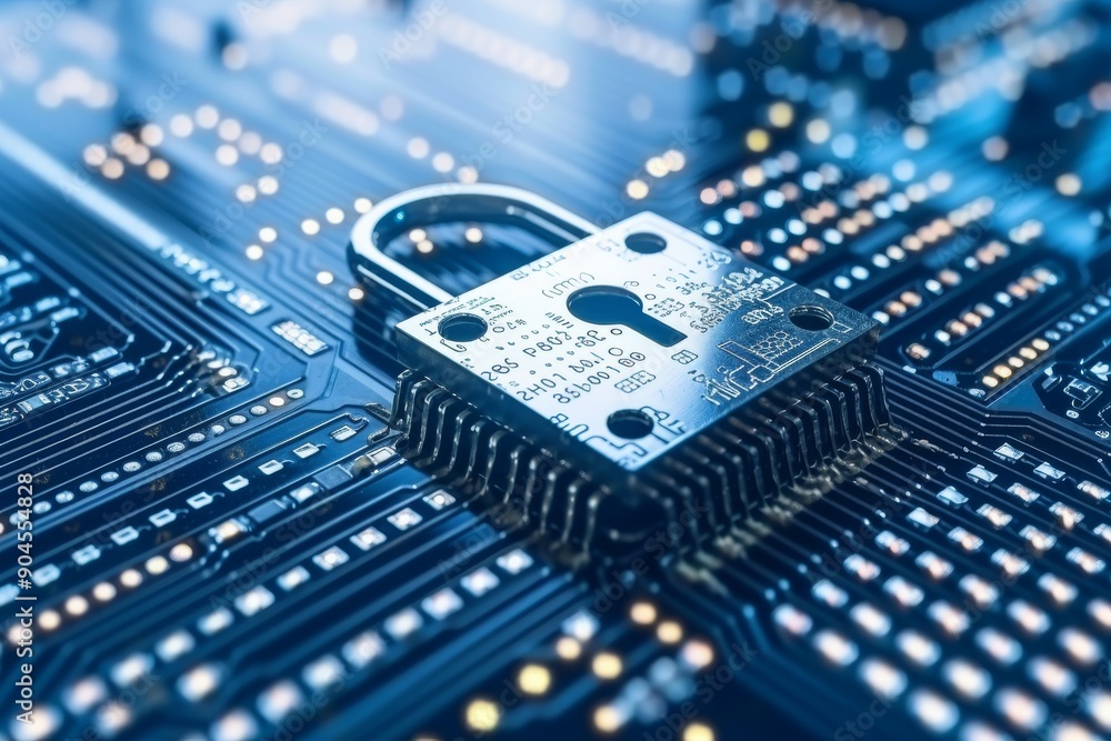 Poster neon digital locks on a motherboard, showcasing the blend of cutting-edge technology with secure dat