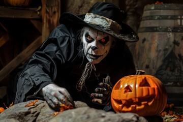 Eerie Halloween Decoration With Creepy Figure and Carved Pumpkin Inside Haunted House