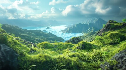 Naklejka premium Stunning Landscape Illustration of Green Mountains with Cloudy Sky and Lush Greenery