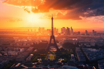 Obraz premium A view of the Eiffel Tower at sunset, with golden light and cityscape in the background