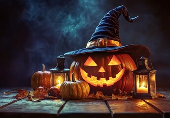 Naklejka premium Halloween pumpkins with glowing faces and witch hats, set against an eerie background of dark misty night sky. 