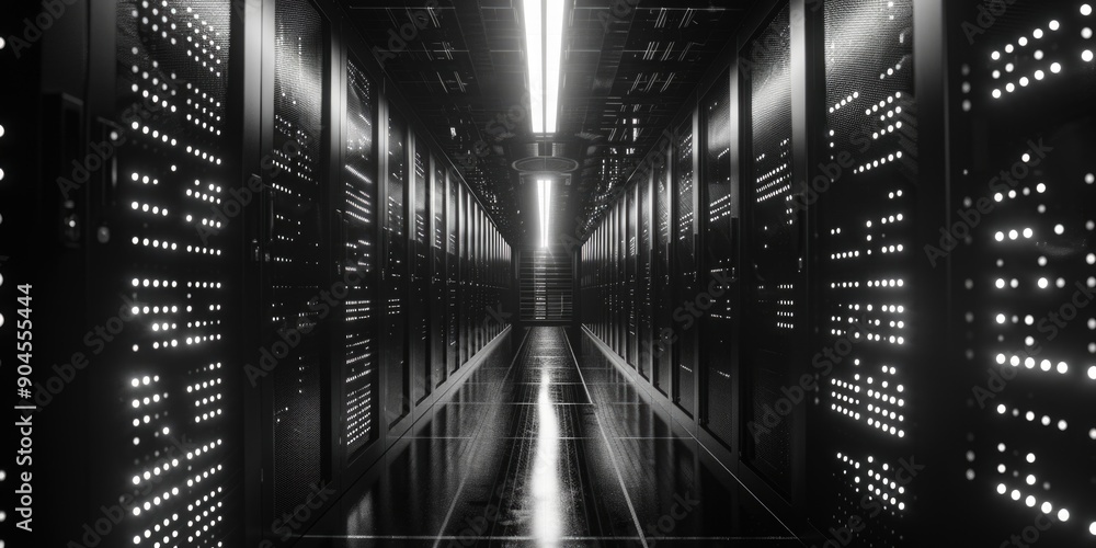 Poster a black and white photo of a server room with rows of equipment and servers