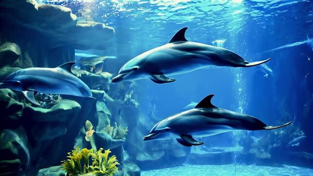 Dolphins swim in the aquarium