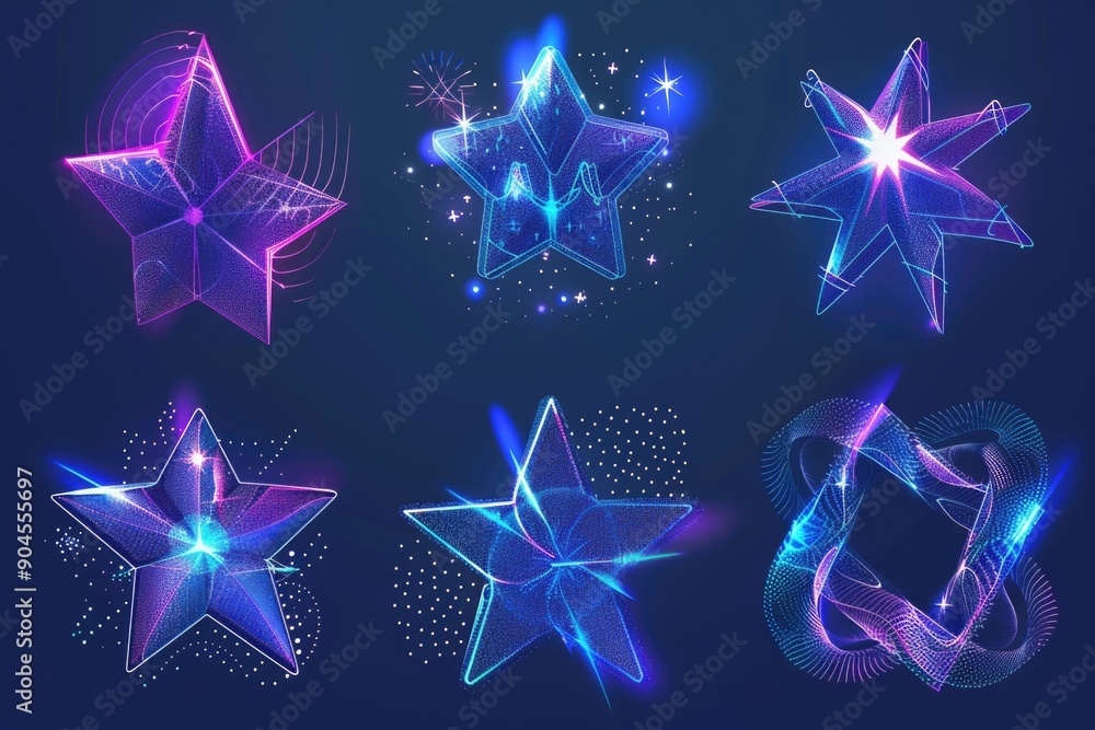 Poster a set of colorful neon stars shining brightly against a dark background, ideal for use in futuristic