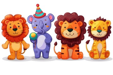 Naklejka premium Cute Cartoon Animals Set - Lion, Elephant and Tiger