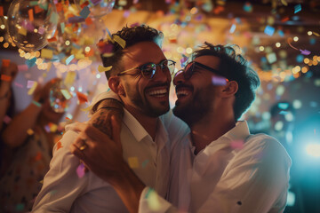 Smiling gay couple dancing on their wedding day