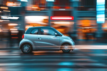 Fototapeta premium Urban transportation scene with a compact car navigating through the city streets