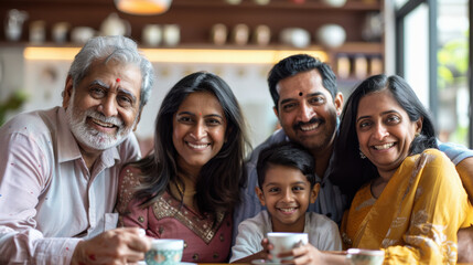 Obraz premium Contemporary Indian family drinking tea together, posing happily for the camera