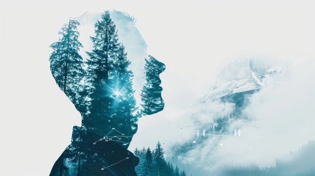 Musician performing in a forest, double exposure blending their silhouette with a futuristic digital interface and mountain landscape on a postcard