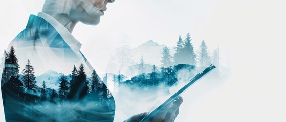 A social worker with a clipboard, double exposure photography blending their image with a futuristic digital interface and a serene mountain forest landscape