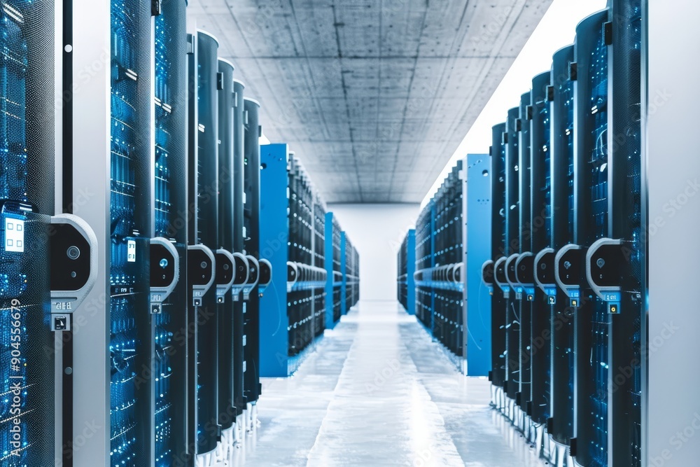 Poster data center aisle with servers on both sides, showcasing the backbone of digital storage solutions.