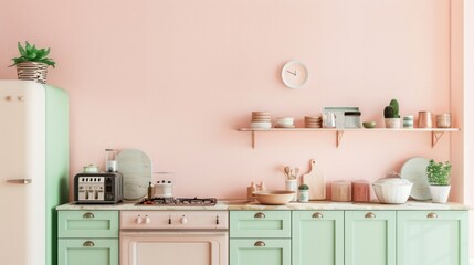 stylish pastel pink and green kitchen with matching appliances and decor