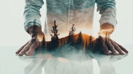 Artistic double exposure of a graphic designer, merging their digital tools with a postcard of a futuristic mountain forest scene