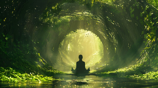 Human Figure Lotus Surrounds Green Forest Tunnel Bliss