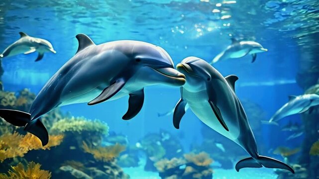 Dolphins swim in the aquarium