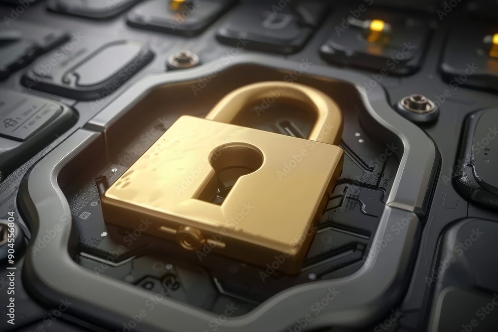 Poster gold padlock on a circuit board, merging physical security with digital technology.