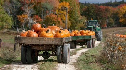 a tractor pulling a trailer full of harvested pumpkins