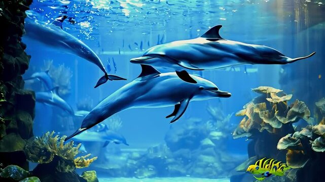 Dolphins swim in the aquarium