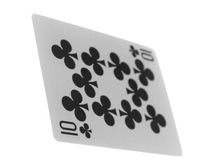 Flying playing card for poker and gambling, ten clubs isolated on white, clipping path