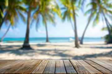 Wooden deck overlooking a beautiful tropical beach with palm trees and a clear blue sky, perfect for vacation and travel themes.