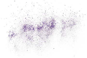 Violet chalk pieces and powder flying, effect explode, isolated on white	