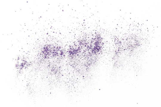 Violet chalk pieces and powder flying, effect explode, isolated on white	