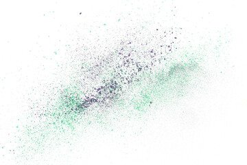 Colorful chalk pieces and powder flying, effect explode, isolated on white	