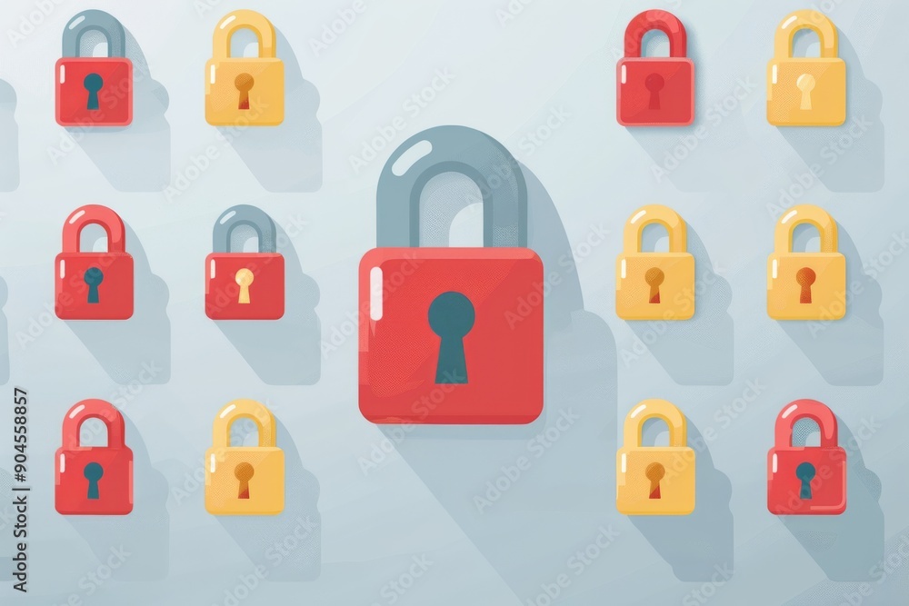 Poster colorful locks floating in a surreal environment, depicting the diversity and creativity in security