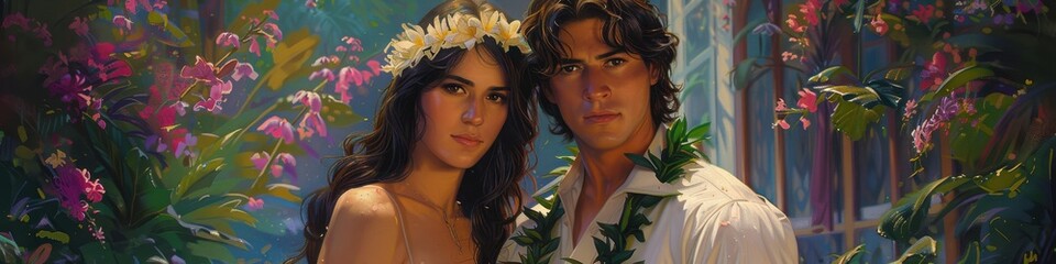 Romantic couple adorned with flower crowns in vibrant, picturesque garden, showcasing peaceful, blissful, island-themed ambiance