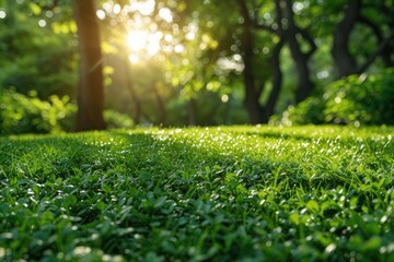 Naklejka premium Sunlit Green Grass with Blurred Forest Background