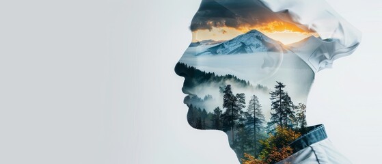 Double exposure photography of a chef, merged with digital interface elements and nature scenes of mountains and forests, resembling a futuristic postcard