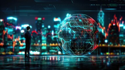 Obraz premium A business professional gazes at a digital globe, symbolizing technology and global connectivity against a futuristic city backdrop.
