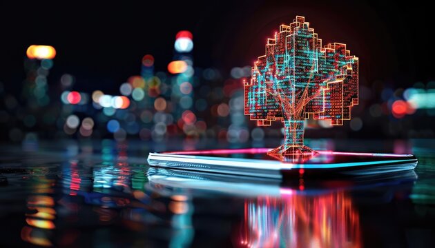 A futuristic digital tree emerging from a smartphone, symbolizing technology and nature in a vibrant cityscape.
