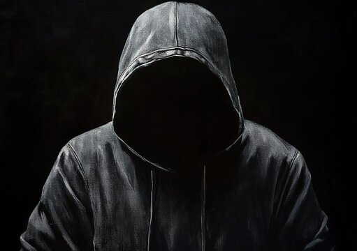A dark hooded figure wearing an unzipped hoodie with no face visible, against a black background