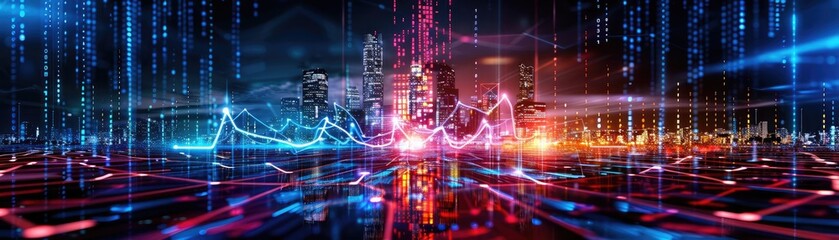 Fototapeta premium Futuristic cityscape with vibrant digital data visualization and bright neon lights, representing technology and innovation.