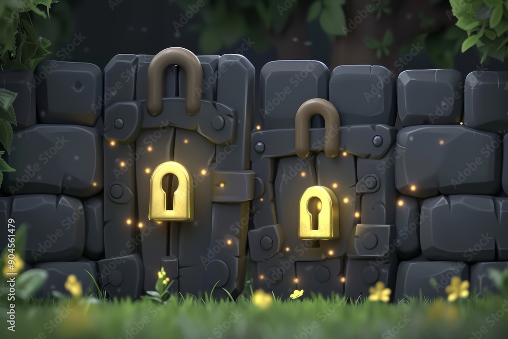 Aufkleber high-tech digital locks embedded in stone walls, symbolizing the blending of ancient materials with 