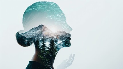 Artistic double exposure of a writer and a lush nature landscape, blending with a futuristic digital interface, creating a unique postcard image