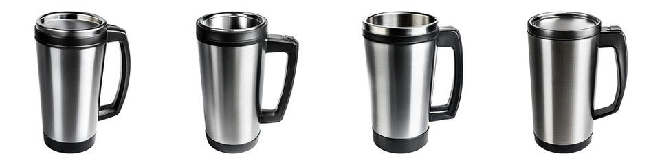 Collection of Metal Travel Mug With Handle On White Background For Custom Drinkware And Promotions isolated on transparent background. Generative ai