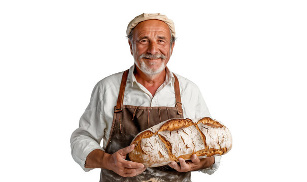 Portrait of a smiling senior baker holding a bread and wearing apron, isolated on transparent background