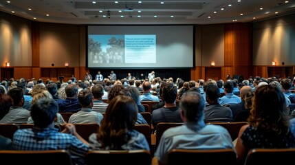 Photo of a Diverse Group Seated and Engaged in a Conference Hall, Large Screen Display, Rear View