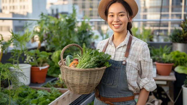 Young asian woman gardener holding a basket of fresh vegetables at a rooftop garden. She is smiling and wearing a straw hat and overalls. The urban setting is visible in the background