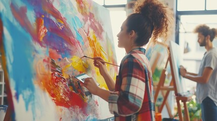 
Young artists collaborating on a vibrant canvas painting in a bright, modern art studio. The studio is filled with natural light, easels, brushes, and palettes of vivid colors
