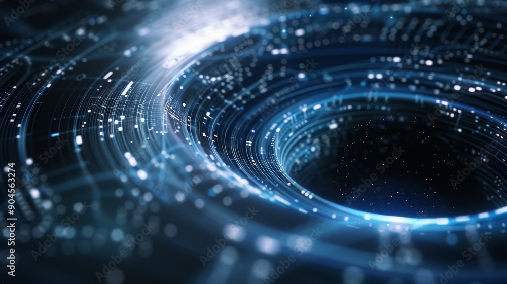 Poster imagining a vista of swirling digital data in outer space, enhanced with a touch of the future