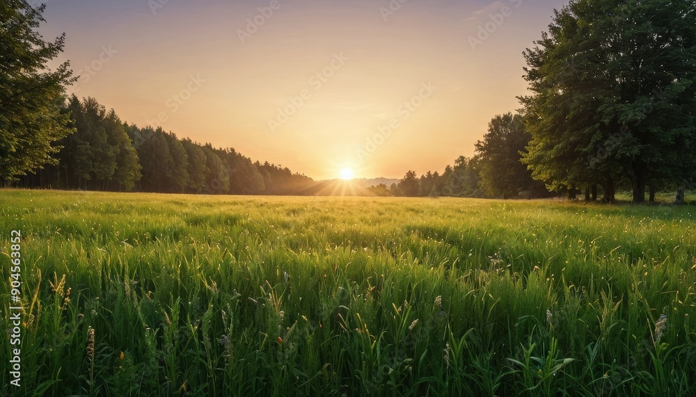 Canvas Prints sunset over grassy field.