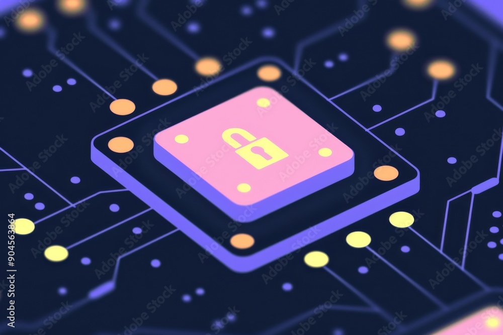 Poster futuristic digital lock icon floating above a high-tech circuit board, symbolizing advanced cybersec