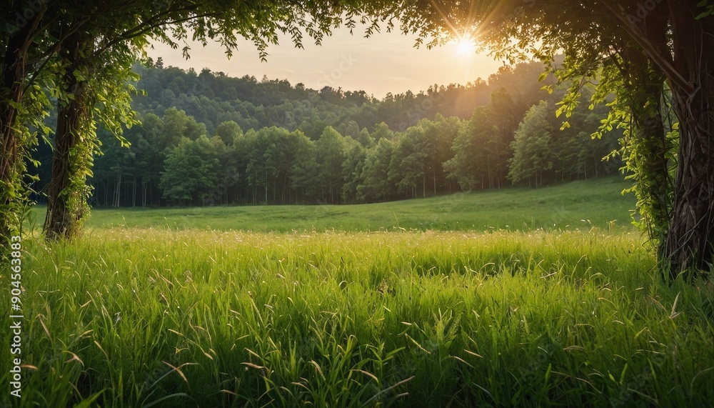 Poster sunset through the trees in a lush meadow.
