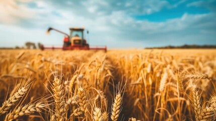 Fototapeta premium farmers harvesting golden wheat in a vast field during harvest season
