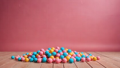 Colorful Balls on Wooden Table with Pink Background.